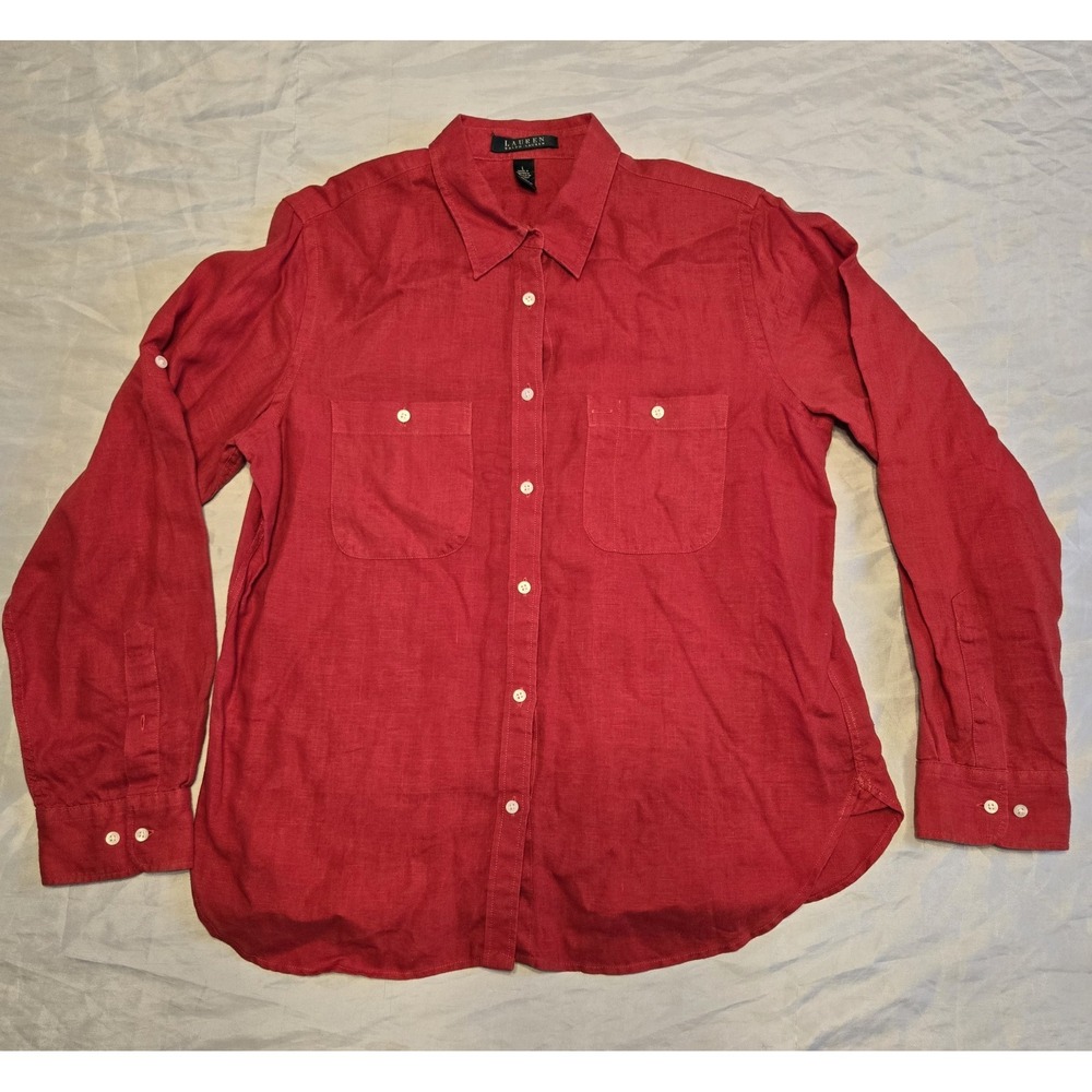 Lauren Ralph Lauren Womens 100% Linen Red Button Up Shirt Large Adj Sleeves Luxe